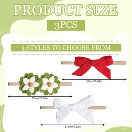 UEIOAVL Headbands for Girls, 3 Pack Baby Headbands, Handmade Velvet Hair Bows with Flowers Elastic Hair Accessories for Newborn Girls (Green, White, Red)