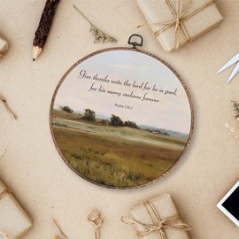 Lengues Give Thanks unto The Lord Round Wall Art Decor, Bible Verse Round Wall Decor, Cottagecore Landscape Canvas Framed Art Prints, Inspirational Scripture Hanging Frame for Room Bedroom 10x10 Inch