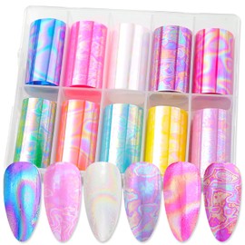 DANNEASY 10 Roll Iridescent Nail Foil Holographic Nail Foils Starry Sky Neon Transfer Foil Sheets 3D Nail Stickers Decal Nail Art Foil for Women DIY Manicure Decoration