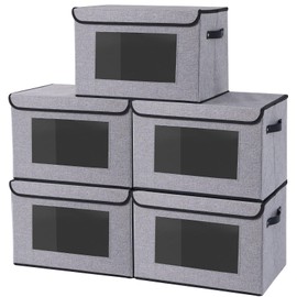 YheenLf Fabric Storage boxes,Storage Baskets for Shelves with Lids, Fabric Storage Bins with Handles, Decorative Linen Closet Organizers Boxes, Medium, Gray, 5-Pack