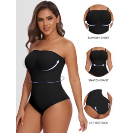 SHAPERIN Women Strapless Shapewear Bodysuit Tummy Control Push Up Shaping Bodysuit Seamless Body Shaper Compression Leotard Bandeau Bodysuit Top, Black, S