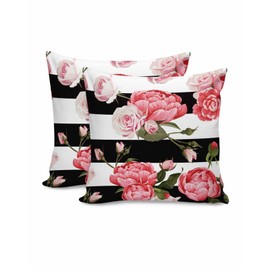 2 Packs Decorative Cotton Throw Pillow Covers, Pink Floral Rose Black and White Stripe 16 x 16 Inch Square Reversible Soft Cushion Case for Couch Bedroom Sofa Living Room Chair Car