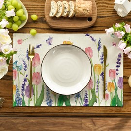 Artoid Mode Lavender Tulip Flowers Floral Spring Placemats Set of 2, 12x18 Inch Seasonal Table Mats for Party Kitchen Dining Decoration