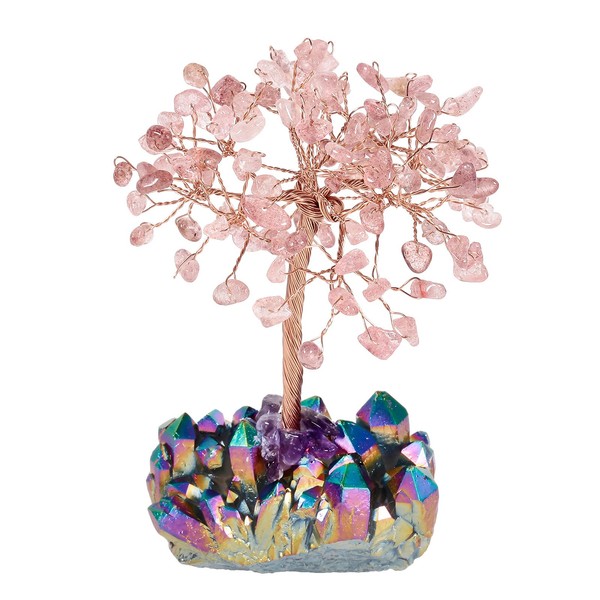 rockcloud Crystal Money Tree Feng Shui Bonsai with Titanium Coated Crystal Quartz Base Decoration for Wealth and Luck, Cherry Quartz