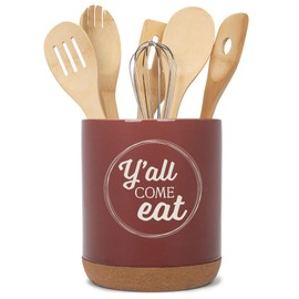 Elanze Designs Y'all Come Eat Southern Accent Ceramic Cork Bottom Red Large Capacity Utensil Holder Crock for Countertop Storage, Stylish & Durable for Spoons, Spatulas, and Cooking Tools