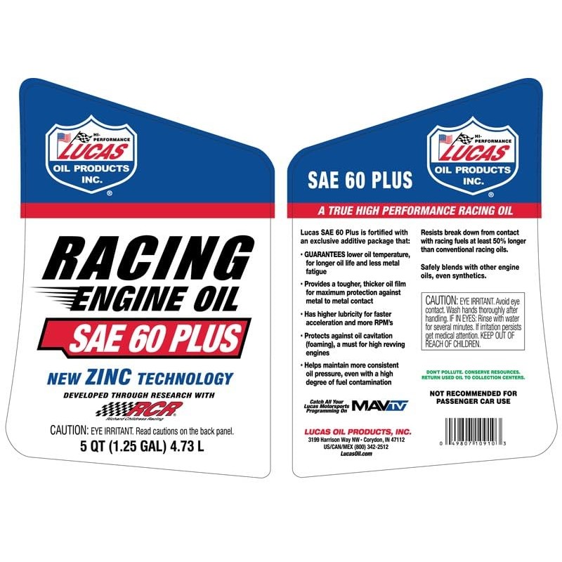 Lucas Oil SAE 60 Plus Racing Engine Oil 5 Quarts