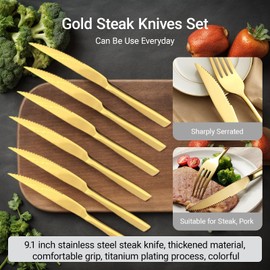 Keiwhsly Gold Serrated Steak Knife Set of 6, 9.1 Inche Stainless Steel Dinner Table Knives Dinnerware Set for Cutting Meat, Beef, Dishwasher Safe