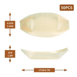 Roontin Disposable Bamboo Food Plates, Eco Friendly Bamboo Plates, Wooden Finger Food Bowls, Palm Leaf Plates, Bamboo Serving Boats, Pack of 50