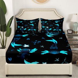 Cute Axolotl Fitted Sheet Queen Size Cartoon Salamander Bedding Set Black Blue Axolotl Sheet Set,Kawaii Animals Bed Cover Ultra Soft Breathable Bedspread 3 Pcs for Kids Teens Boys