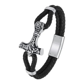 VCCWYQK Viking Thor's Hammer Urn Bracelet for Ashes for Men Braided Leather Bracelet Cuff Bangle Memorial Urn Jewellery Funeral Keepsake Gift, Precious metal, No gemstone