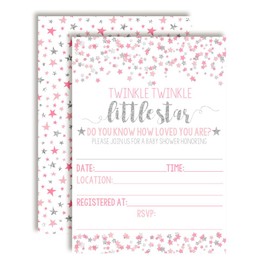 Pink & Silver Twinkle Little Star Baby Shower Invitations for Girls, 20 5"x7" Fill In Cards with Twenty White Envelopes by AmandaCreation