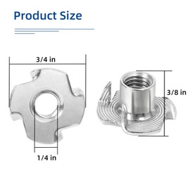 1/4"-20 T-Nuts, 304 Stainless Steel 4 Pronged Tee Nuts, Four-jaw Threaded Inserts for Rock Climbing Holds, Furniture, Cabinetry, Woodworking, Silver, 25 PCS