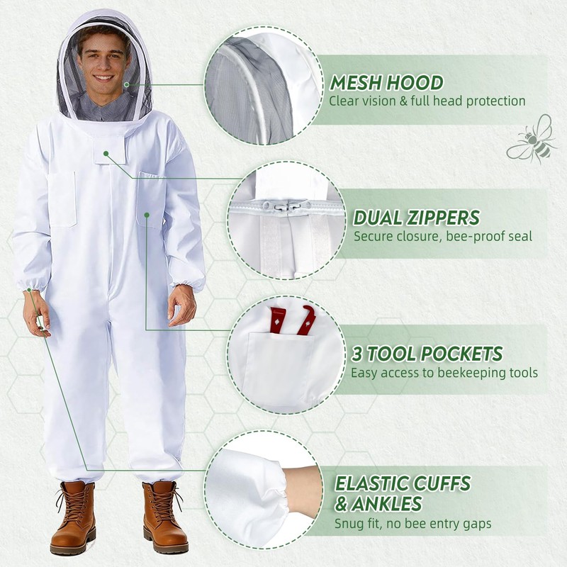 POLLIBEE 35Pcs Beekeeping Supplies Starter Kit with Bee Suit,Smoker &