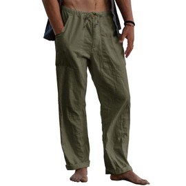 Puimentiua Mens Linen Pants Elastic Waist Drawstring Loose Fit Casual Summer Beach Pants with Pockets Baggy Trousers Army Green-3XL