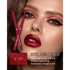 Glitter Red Rose Eyeliner Pencil, Matte Metallic Sparkle Gel Eye liner, Waterproof Smudge Proof Long-Lasting Waterline Eyeliner, Precision Retractable Shine Pen for Mature Women Girls Eye Makeup- #03
