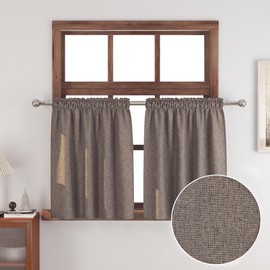 Brown Small Tiers 2 Pack Faux Linen Textured Kitchen Short Small Mini Window Curtains Valance 24 inches Length Privacy Home Decor Classic Cafe Basement Living Room/Bedroom 34W by 24L Rod Pocket