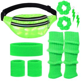 80s Neon Workout Costume Accessories Set 10 PCS Leg Warmers for Women 80s Headband Wristband Fanny Pack for Yoga Running (Green)