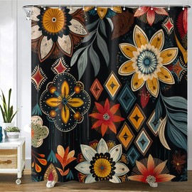 Fowocu Boho Floral Shower Curtain Black Abstract Bohemian Flowers Botanical Leaf Bathroom Curtain Vintage Mid Century Modern Waterproof Fabric Shower Curtains for Bathroom Decor 72x72 inch