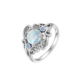 LELOUCHY Opal Filigree Ring Real 925 Sterling Silver Jewelry Gift for Women White Created Opal Ring Size 6.5