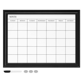 Navaris Framed Calendar Whiteboard for Wall - 18" x 24" Magnetic Dry Erase Monthly Planner - White Board with Frame - Includes Magnets and Marker