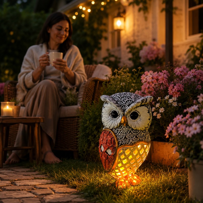 Solar Red Owl Statue Light for Garden Decor – Resin