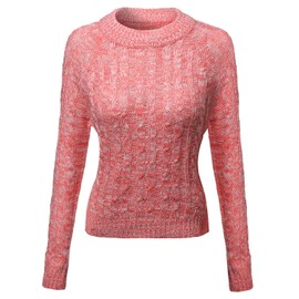 Awesome21 Crew Neck Cable Knit Sweater Coral White Size L