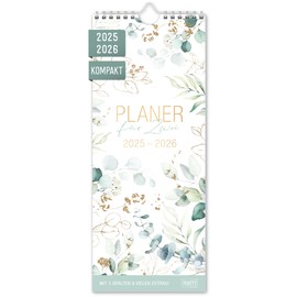 Häfft® Planner for Two 2025/2026 Compact "Gold Leaf" Couple Planner with 3 Columns, Couple Calendar, Wall Planner, Wall Calendar for 18 Months: July 25 to Dec 26 - Sustainable and Climate Friendly