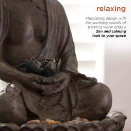 Alpine Corporation GEM178 Indoor Tabletop Meditating Buddha Water Fountain with LED Lights and Lotus Flower, 19", Beige