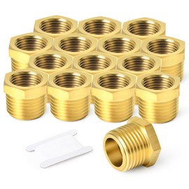 TAISHER 15PCS Brass Reducer Hex Bushing Threaded Pipe Fitting 1/2" NPT Male x 3/8" NPT Female Adapter