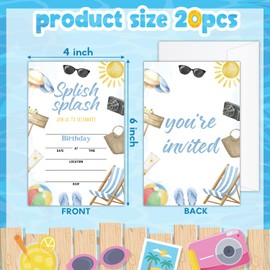 ZEDEV Splish Splash Pool Party Invitations, Summer Swimming Birthday Invites with Envelopes for Girls Boys, 20 Double-Sided Fill in Style Birthday Invitations Hawaiian Beach Party Favor Supplies -03