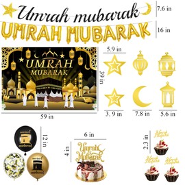 Umrah Mubarak Decoration Ramadan Set - 49 Pieces Party Black Gold Garland Confetti Cannon Balloons for Muslim Party Islamic Festival Eid Mubarak Decoration Birthday Black Gold Party Accessories