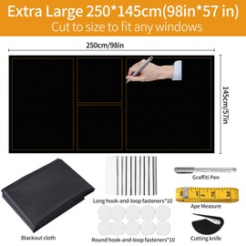 250x145cm Blackout Blinds Large 100% Blackout Material Easy to Stick On Portable Blackout Blind No Drill for Bedroom Nursery Loft Travel RV Car（Includes 10 *Long Velcro and 10 *Round Velcro）