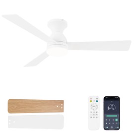 Dolavast Ceiling Fans with Lights, 48 inch Low Profile Ceiling Fan with Light and Remote Control, Flush Mount, Reversible, 3CCT, Dimmable LED, Noiseless, White Ceiling Fan for Bedroom, Dining Room