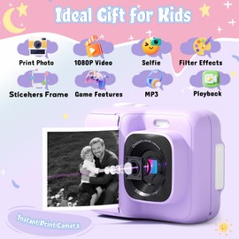 ETIKEZ Instant Print Camera for Kids, HD Digital Camera, Christmas Birthday Gifts for 4 5 6 7 8 9 10 Year Old Girls Boys, Portable Toy Camera with 32GB SD Card & 3 Rolls Printing Paper, Lavender