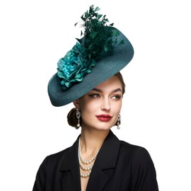 BABEYOND Tea Party Fascinator Hat for Women Kentucky Headwear Feather Derby Pillbox Wide Church Hat for Cocktail Wedding Dark Green