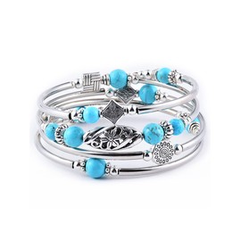 Layered Turquoise Bracelet Multilayer Beaded Bangle Bracelet for Women Hollowed flower Bracelet Vintage Western Bracelet for Women (silver)