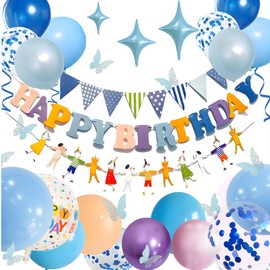 UOMYLEIR Pastel Birthday Decorations, Happy Birthday Banner for Kids, Glitter Hanging with Butterfly, Birthday Bunting Banner with Balloons