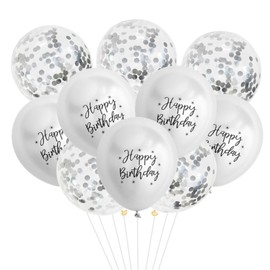 Gleemix Pack of 10 Happy Birthday Balloons Metallic Silver with Confetti, 12 Inch Balloons Birthday, Helium Balloons Birthday, Balloons Metallic Decoration Party Children's Birthday