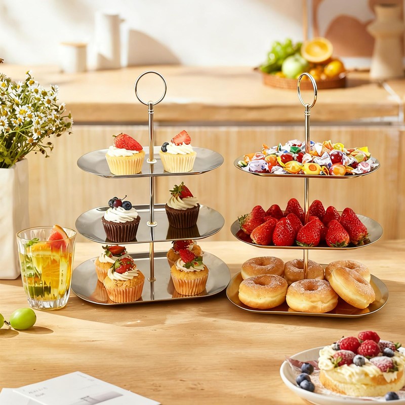2PCS 3 Tiers Stainless Steel Cupcake Stand 3 Tiers Fruit