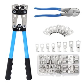 HKS Battery Cable Lug Crimping Tool 10-1 AWG with Cutter & 60Pcs Copper Ring Terminals 8 Sizes Cable Lugs Set, Heavy Duty Wire Crimper for Battery Wire