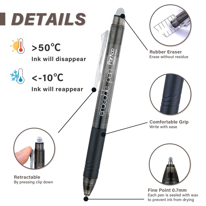 ParKoo Retractable Erasable Gel Pens Clicker Fine Point 0.7 mm,