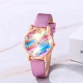 JewelryWe Women's Leather Watch Women's Analogue Quartz Classic Business Casual Watch with Leather Strap Gift for Women Girls, 1 - Rainbow - Purple, Strap.