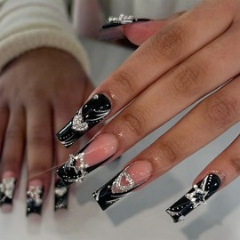 French tip Press on Nails Medium Square Fake Nails Black False Nails with Rhinestone Design Silver Star Heart Charms Glue on Nails Acrylic Nails Press Ons,for Women Girls Manicure 24pcs