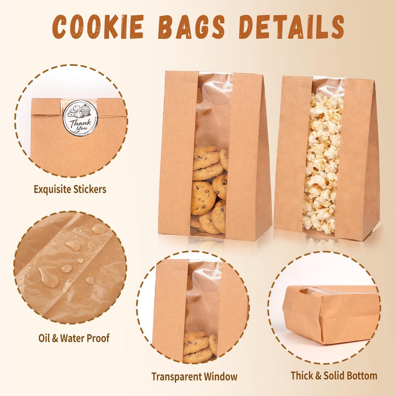 WNSIRVY 50 Pack Cookie Bags with Window, 3.5"x 2.3"x7.5" Kraft