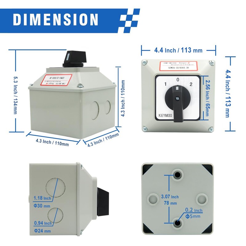 KEYMOO 32A Rotary Changeover Switch With Exterior Box, 3 Position