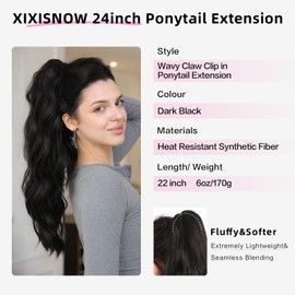 XIXISNOW 22'' Clip On Ponytail Extension for Women with Claw Clip Fluffy Layered Synthetic Hair Heat Resistant Clips In Curly Hair Ponytail Extensions Wedding Party Daily Use (Dark Black, 6OZ)