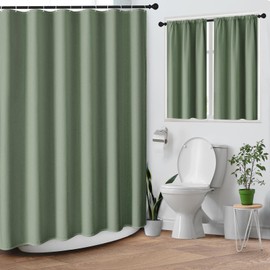 Sage Green Waffle Textured Cloth Shower Curtain Set, Modern Solid Bathroom Window Waterproof Shower Curtains for Bathroom Decor