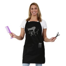 Hair Stylist Salon Apron with Rhinestone Scissor and Comb Design, Black with 3 Pockets
