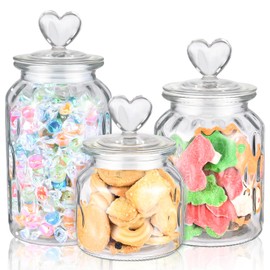 Heart Jars with Lids Set of 3 Clear Cute Heart Shaped Candy Jars 22 32 45 oz Food Storage Glass Cookie Jars with Lids Cute containers for Kitchen Decorative Apothecary Canisters (Heart Jars 02)