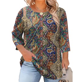 LOMON Plus Size Spring Clothes for Women 3/4 Length Sleeve Womens Tops Long Sleeve Womens Fashion 2025 Boho Dressy Casual Boho Print 2X
